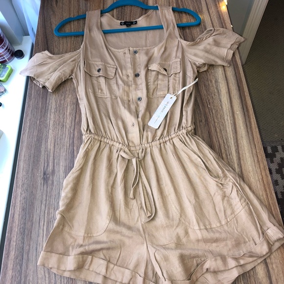 Iris Basic Pants - iris basic tan off the shoulder romper.
